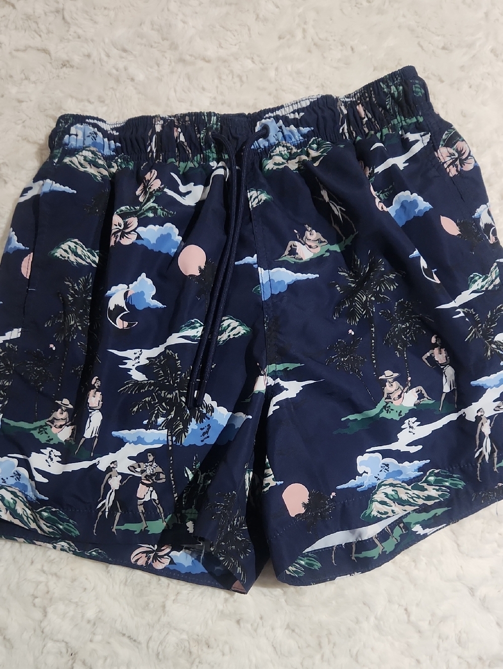 H&M Navy Tropical Print Swim Trunks with Drawstring